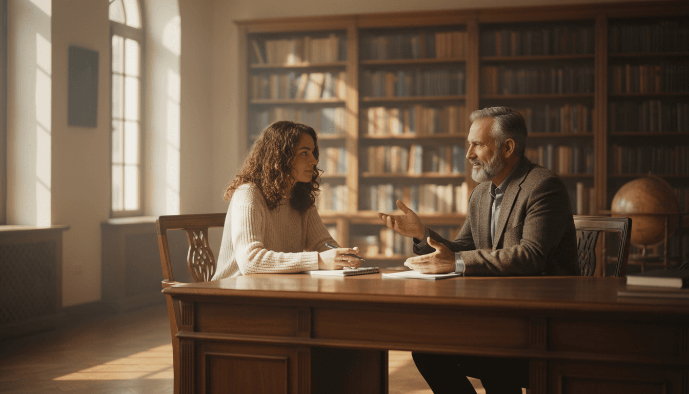 Student and professor having an engaged conversation in a campus office during office hours